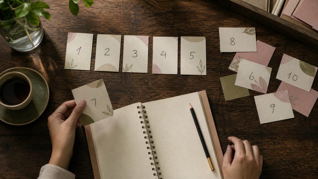A clean still life of several handwritten number cards arranged on a dark wood desk beside a simple notebook and pencil, one sequence neat and rhythmic while another looks scattered. Soft window light casts gentle shadows, with muted pink and olive accents in the paper and desk accessories, creating a thoughtful editorial mood.