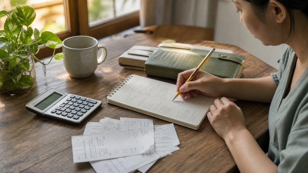 An overhead process scene of a calculator, budget notebook, and a small spread of number slips laid out on a table, with a hand circling a price range in pencil. Natural daylight from the side keeps the scene practical and calm, while subdued gold and sage tones suggest careful decision-making and restraint.
