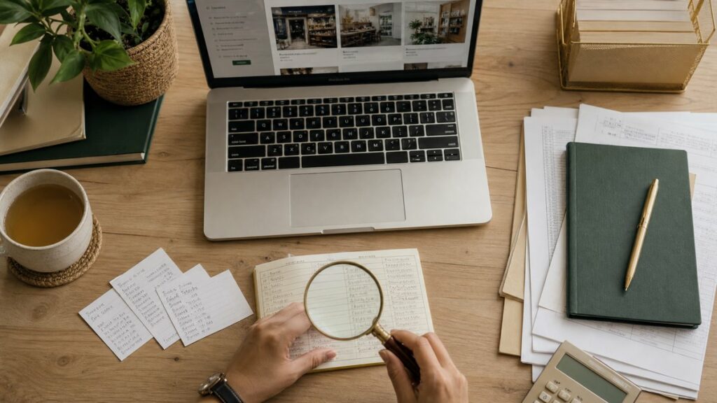 An overhead scene of a tidy desk with printed phone-number notes, a laptop open to a clean shop listing, and a magnifying glass placed over a small ledger. Neutral daylight falls evenly across the workspace, while subtle beige, green, and gold accents suggest order, trust, and careful verification.