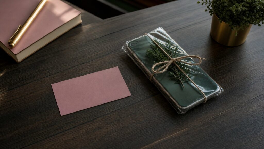 A single new business card and a neatly wrapped phone on a dark wooden desk, photographed as an object-led still life. Soft window light grazes the scene, with muted blush, deep green, and warm gold accents in a pen, notebook edge, and desk plant. Calm, intentional, and professional.