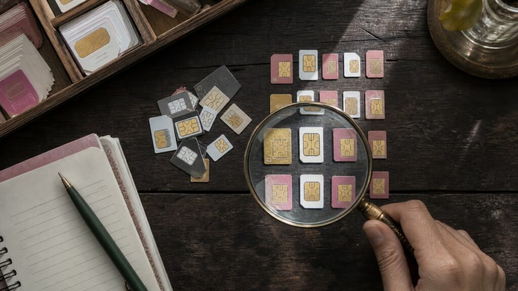 A top-down still life of a spread of Thai mobile SIM cards, a magnifying glass, and neatly arranged number tiles on a dark wooden desk. Soft window light falls across the composition, picking out repeating digits and balanced gaps, while muted #ba7999 and #A98B2D tones appear in paper and brass accents. The mood is analytical and calm.