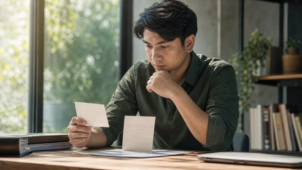 A thoughtful office worker sits by a sunlit window, studying two handwritten phone number cards on a wooden desk. One card is neatly arranged and visually striking, the other marked with small notes and circles. Soft daylight with muted pink, olive, and golden tones creates a calm, analytical mood.