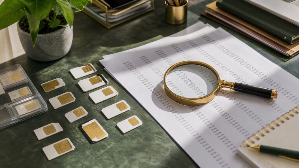 An overhead view of a desktop workspace with scattered yet organized sim cards, printed number sheets, and a magnifying glass centered on one selected option. Natural daylight from the side creates crisp shadows. The scene feels structured and trustworthy, with subtle gold and green accents in folders and desk items.