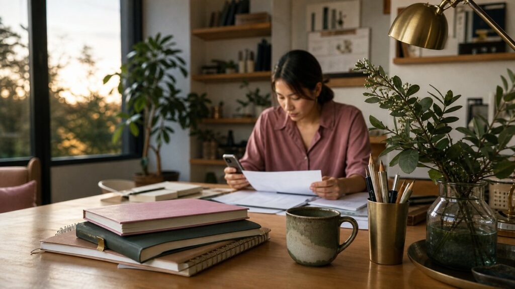 A wide workplace environment inside a calm studio with a single freelancer seated at a cluttered desk in the background, reviewing paperwork and phone details. The foreground holds a tidy arrangement of sketchbooks and a ceramic cup, while soft evening light and muted pink, moss, and brass tones suggest confidence and practical clarity.