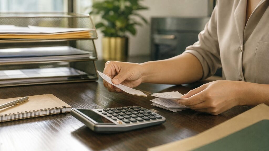 A workplace observation scene at a tidy administrative desk, with one person’s hands sorting paper slips beside a calculator, inbox tray, and notebook. Natural morning light and soft shadows create an efficient, focused atmosphere, while subtle gold and muted green tones suggest order, memory, and practical decision-making.