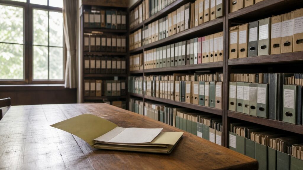 A wide editorial scene inside a quiet records room, where long shelves of labeled archive boxes recede into the background and a single file folder lies open on a wooden table. Gentle daylight reveals the entire space, emphasizing that one detail alone does not define the whole system.