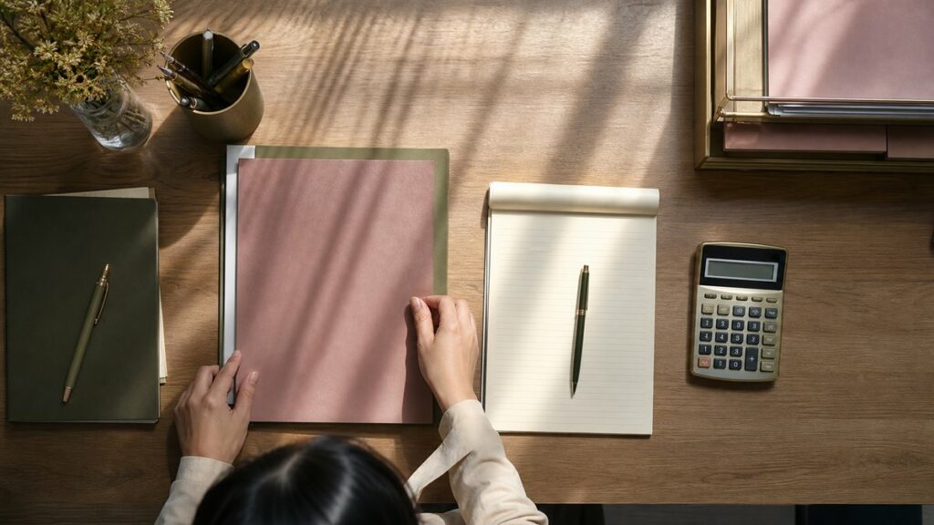 An orderly office desk seen from above, centered on neatly stacked folders, a lined notepad, and a pen aligned beside a calculator. Soft window light falls across muted pink and olive stationery, creating a calm, precise mood that feels disciplined and stable, with no visual clutter or urgency.