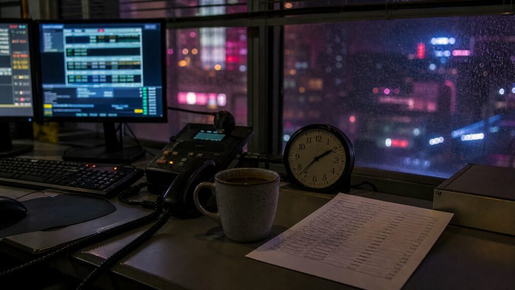 A lone night-shift dispatcher’s desk beside a dim window, with a paper phone contact list, an analog clock, and a half-finished coffee reflecting soft city neon. The composition feels grounded and practical, lit by cool monitor glow with muted pink and olive tones in the shadows, conveying fatigue and focus.