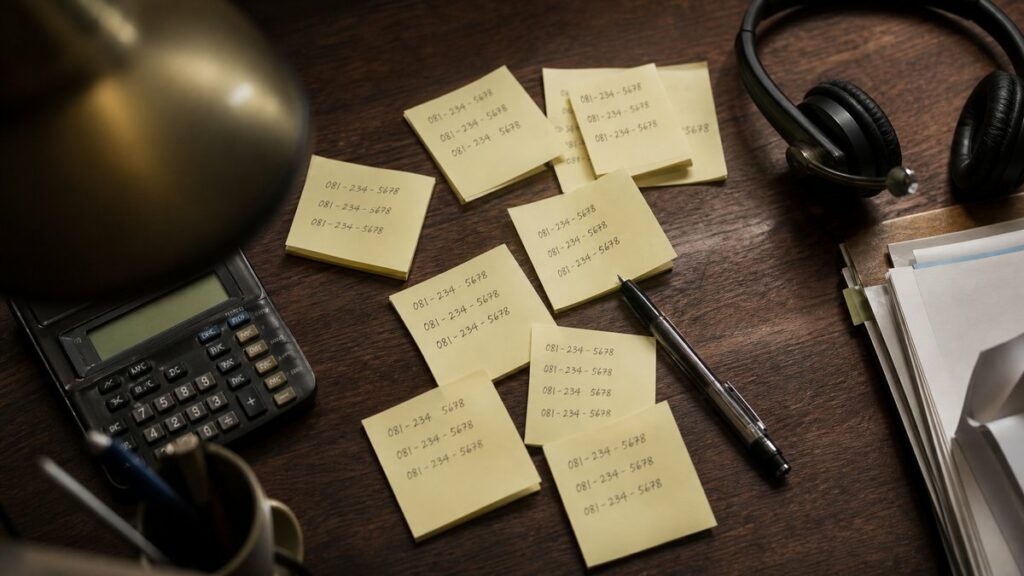 Overhead view of several handwritten phone numbers on sticky notes scattered across a dark wooden desk, alongside a pen, calculator, and headset. Some number strings are neatly grouped while others are tangled and repetitive, creating a quiet sense of confusion under warm desk lamp light with restrained gold and moss accents.