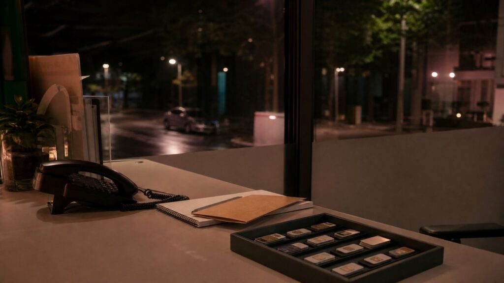 Wide editorial scene of a small late-night office corner with a phone, service notebook, budget envelope, and a tray of neatly organized SIM cards on a clean table near a glass wall. Soft streetlight and interior lamp blend together, leaving calm negative space and a trustworthy, practical mood with subtle rose and olive reflections.