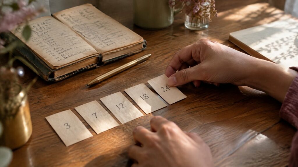 A close, object-led still life on a wooden desk: a neatly arranged row of handwritten number cards beside an old paper address book, a brass pen, and a softly lit notebook. Warm afternoon light brushes muted rose and olive tones across the scene, creating a thoughtful, calm mood about choosing a number with intention.