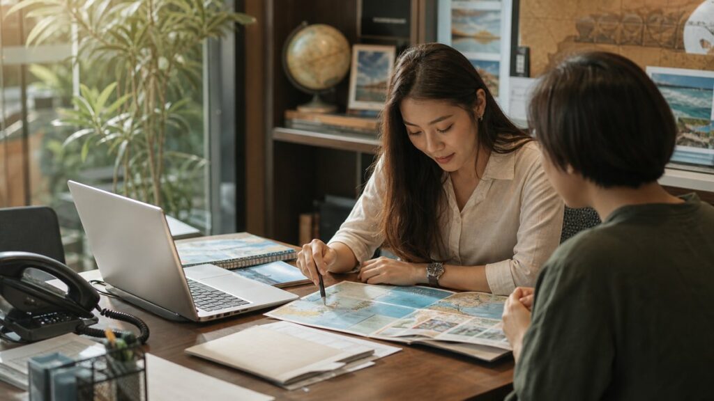 A workplace observation scene in a compact travel agency office, where a consultant reviews route maps and a phone list beside a client’s open laptop. The primary subject is the desk workflow, framed by warm side lighting, tidy equipment, and understated natural colors that convey trust, efficiency, and purposeful decision-making.