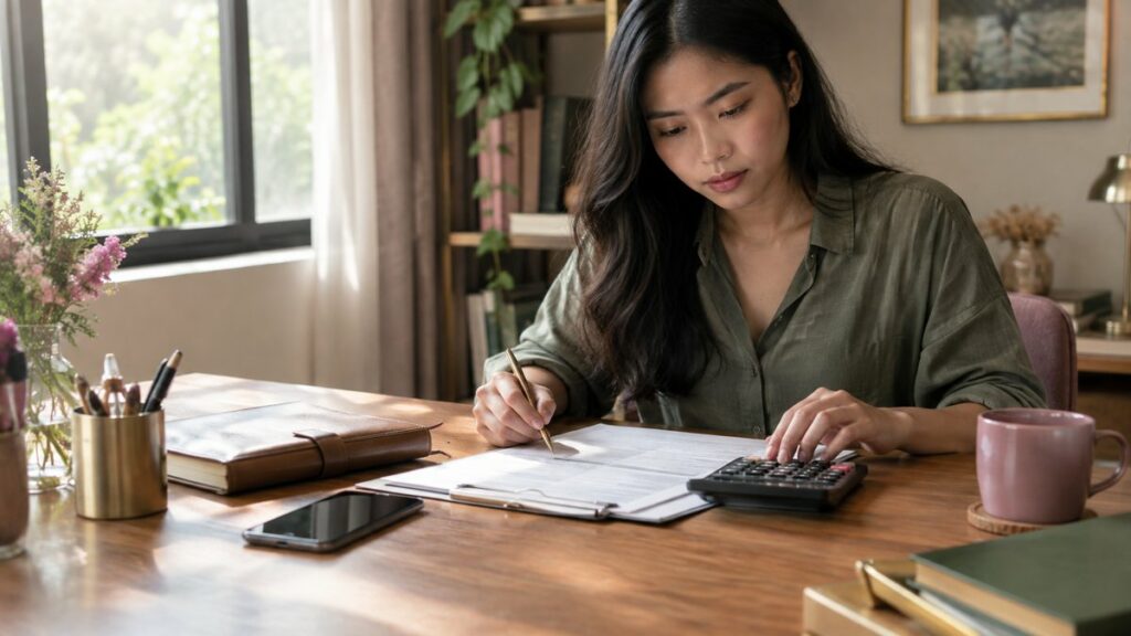 A close still life of a neatly placed smartphone beside a leather notebook, calculator, and contract pages on a wooden desk, lit by soft morning window light. The phone’s screen is dark, emphasizing the device as a personal symbol rather than a prop. Muted rose, olive, and gold accents appear in desk accessories, creating a calm, confident financial mood.