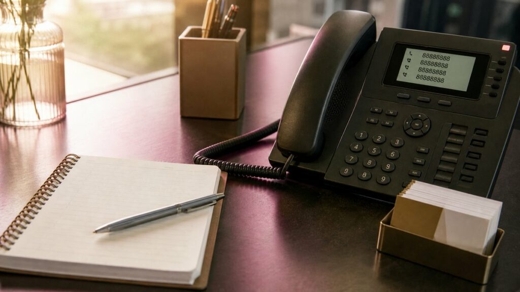 A sales desk still life with a neatly arranged notepad, pen, ringing desk phone, and a small stack of business cards beside a handset display showing repeating digits on a call log screen. Soft morning light falls across the scene, with muted rose and olive reflections on the desk, creating a calm, confident mood.