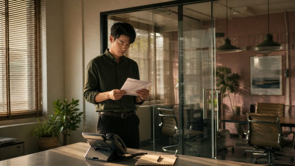 Wide office environment with a salesperson standing near a glass meeting room, reviewing a paper list of phone numbers beside a desk phone and sales notebook. Late-afternoon sunlight filters through blinds, casting soft shadows and a focused atmosphere, while subtle pink-beige and olive details in the room keep the scene grounded and practical.