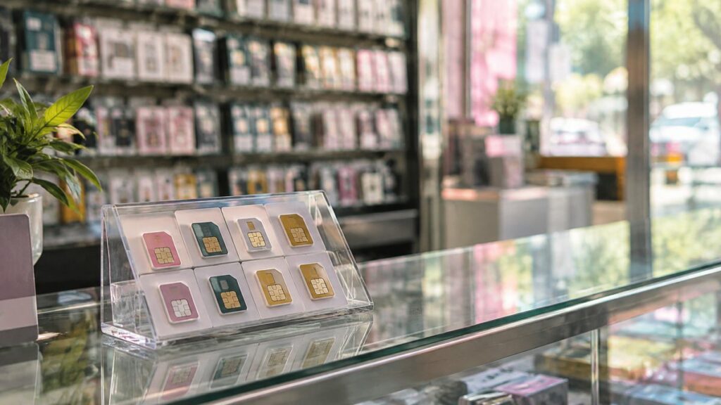 A wide, natural environment scene inside a quiet phone shop with rows of SIM card trays softly out of focus and one simple display case in the foreground. Gentle daylight filters through the storefront, with subtle pink, green, and gold reflections on glass, suggesting a balanced final choice that feels clear and reliable.