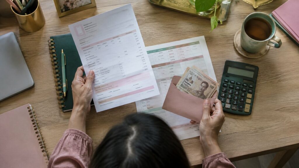 A workplace observation scene inside a quiet office, showing a person’s hands reviewing a phone bill, budget sheet, and small envelope of cash at the edge of a desk. The primary subject is the careful decision-making process, captured in candid natural light. Soft pink, deep green, and muted gold details appear in stationery and background decor, conveying thoughtful financial control.
