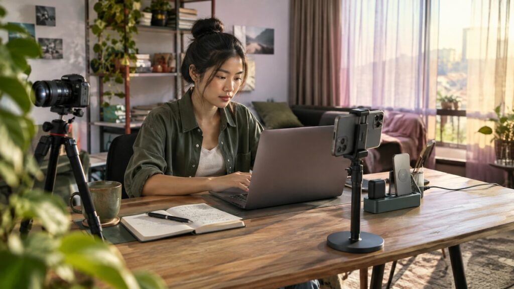 A wide office environment showing a small creator studio with a desk, tripod, laptop, and a phone set prominently beside a charging dock and message notebook. Late-afternoon light filters through sheer curtains, with subtle mauve and olive reflections in the room, evoking an efficient, ready-to-work atmosphere.