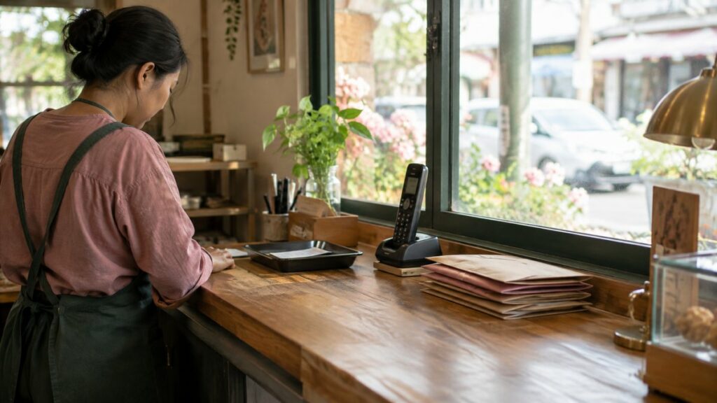 A wide scene of a small storefront counter near a street-facing window, where simple everyday objects—receipt tray, phone cradle, and a few neatly stacked envelopes—reflect real-world decision-making. Gentle afternoon light and restrained pink, green, and gold tones create a grounded, professional mood centered on practical choices.