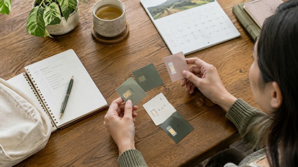 An overhead process scene of a person’s hands comparing several SIM card sleeves, a budget notebook, and a calendar on a wooden table. Natural daylight reveals a calm, thoughtful workspace with restrained pink-beige and moss-green accents, conveying careful decision-making, practicality, and the tension between style and usefulness.