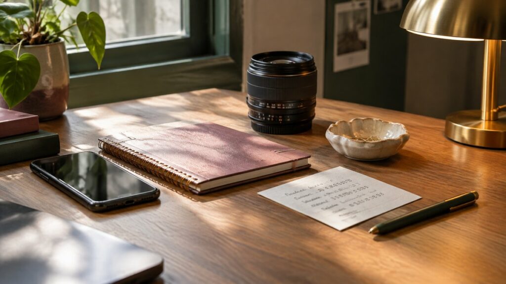 A neatly arranged content creator’s desk with a smartphone, notebook, camera lens, and a card listing handwritten contact numbers beside a small ceramic dish. Soft window light falls across muted rose and olive tones, while a warm brass desk lamp adds a subtle gold glow, suggesting trust, order, and professional presence.