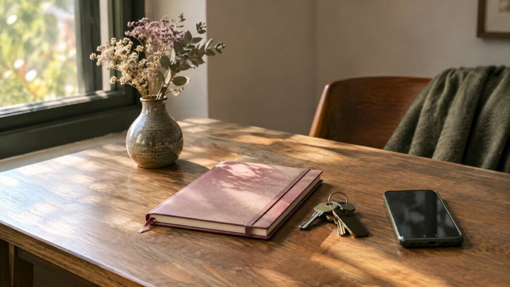 A lone notebook, house keys, and a neatly placed mobile phone rest on a wooden desk beside a small vase of dried flowers, captured as a quiet still life. Soft window light falls across muted rose and olive tones, creating a reflective mood that suggests a fresh chapter and personal reset.