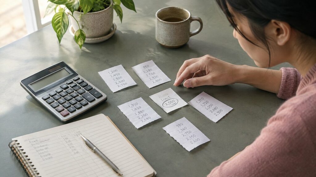 An overhead process scene of a calculator, budget notebook, and several small slips of paper with number sequences spread across a matte tabletop. Natural window light falls from one side, and a hand hovers near a marked price limit, conveying practical decision-making, restraint, and careful comparison without feeling rushed.