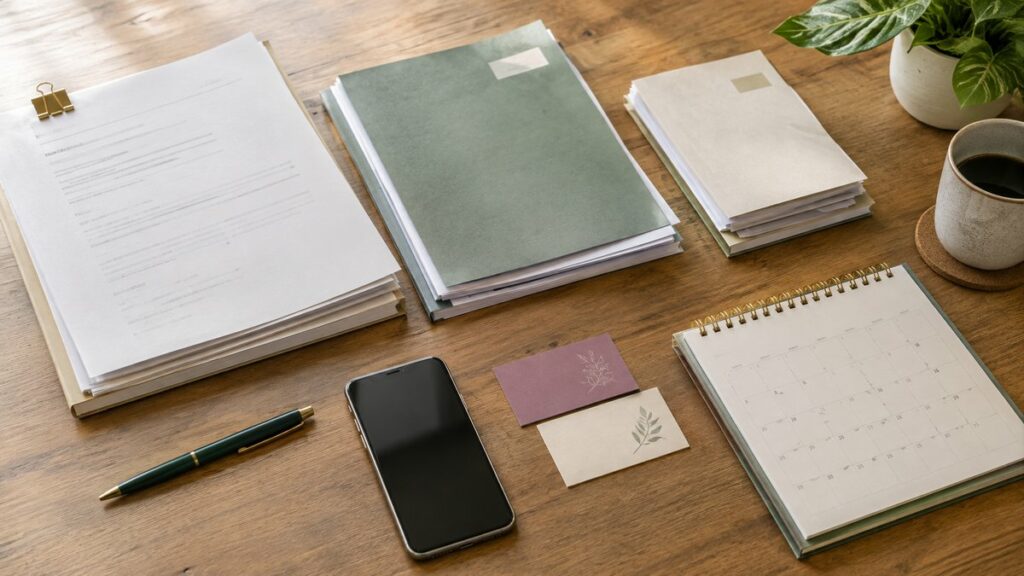 Overhead view of a worktable with three simple stacks of paperwork, a pen, a calendar, and two different business cards arranged around a smartphone, suggesting career stages and planning. Natural daylight falls evenly across the scene, with subtle beige, moss green, and warm gold tones. The composition feels organized, practical, and forward-looking.