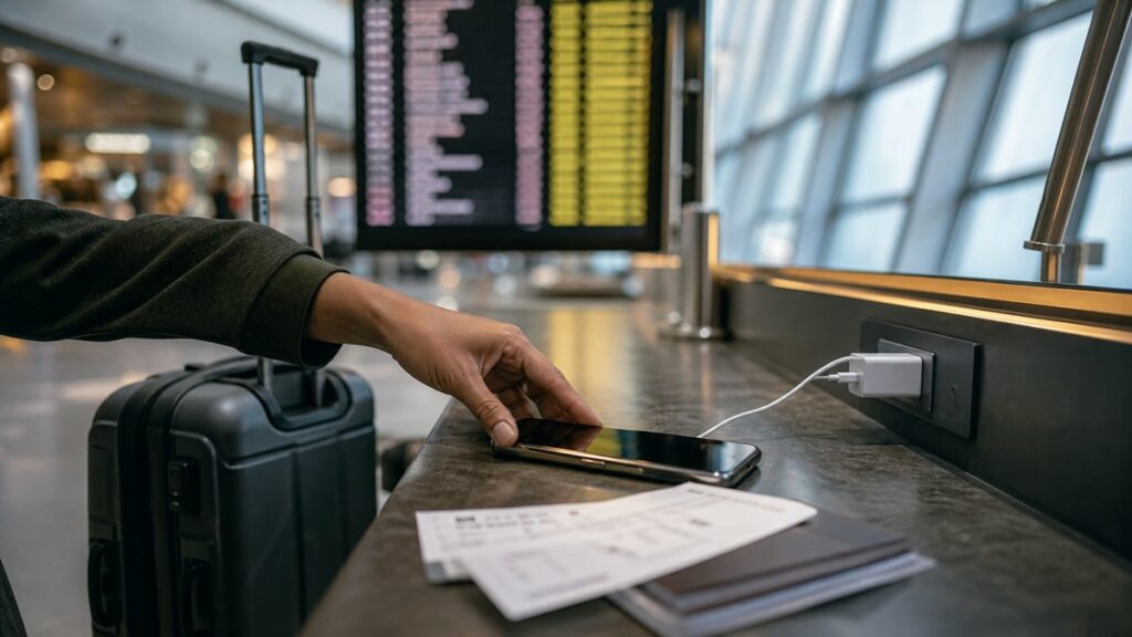 A wide airport lounge scene with one carry-on bag beside a charging station and a departure board glowing in the background. A traveler’s hand sets down a polished phone next to scattered boarding passes, while cool window light and subtle gold reflections create a thoughtful, slightly uncertain mood about convenience versus fit.