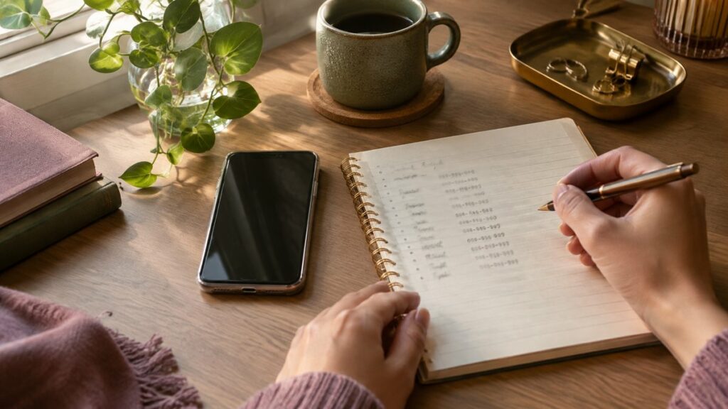A neatly arranged desk with a smartphone lying beside a handwritten contact list and a pen, seen in soft side light from a nearby window. The screen is dark, letting the orderly arrangement of objects suggest a calm, approachable personality. Muted rose, olive, and warm gold tones subtly tint the scene.