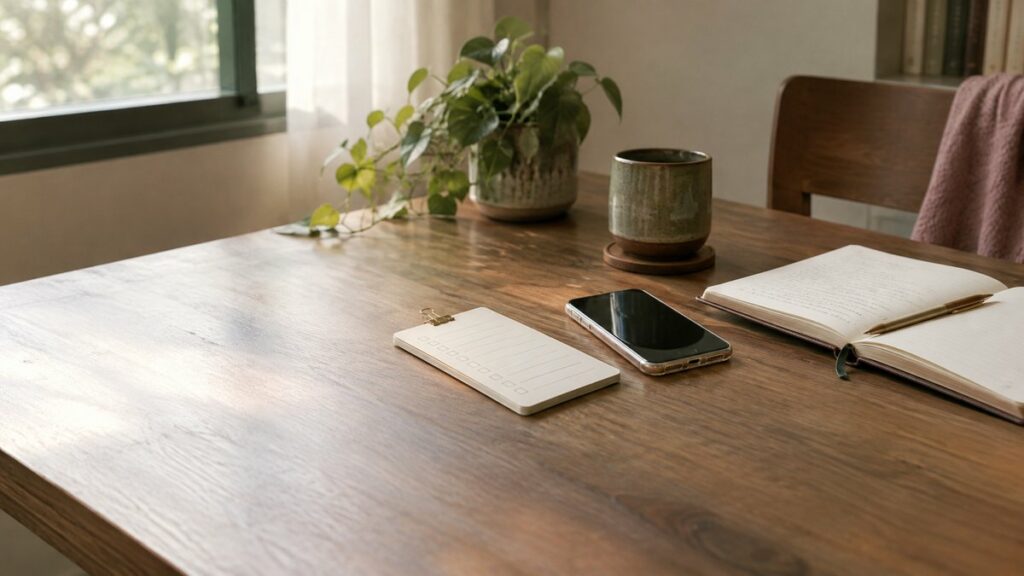 A wide editorial shot of a quiet workspace with a single phone resting beside a simple checklist and an open notebook, all placed near the edge of a large desk. Soft window light creates generous negative space and a focused mood. The palette carries dusty rose, olive, and muted gold in natural textures, emphasizing clarity and restraint.