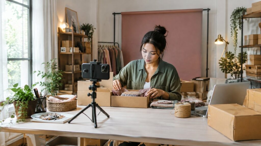 A wide environment shot inside a compact online shop studio, with a livestream backdrop, packaged goods, and a phone setup centered on a clean worktable. Soft daylight and muted gold accents create a balanced, trustworthy mood, while the orderly room suggests a thoughtful final decision made around goals, budget, and brand image.