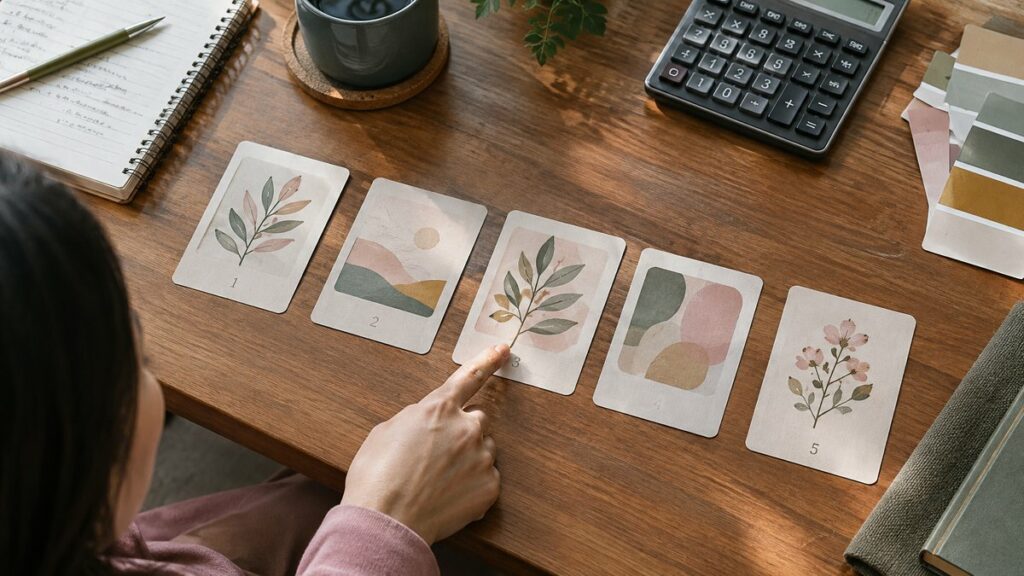 Overhead view of a hands-on selection process: several numbered cards spread across a wooden table beside a notebook, calculator, and color swatches in muted rose, olive, and gold tones. Natural daylight emphasizes a thoughtful decision-making mood, with the primary subject being the chosen card under one resting finger.