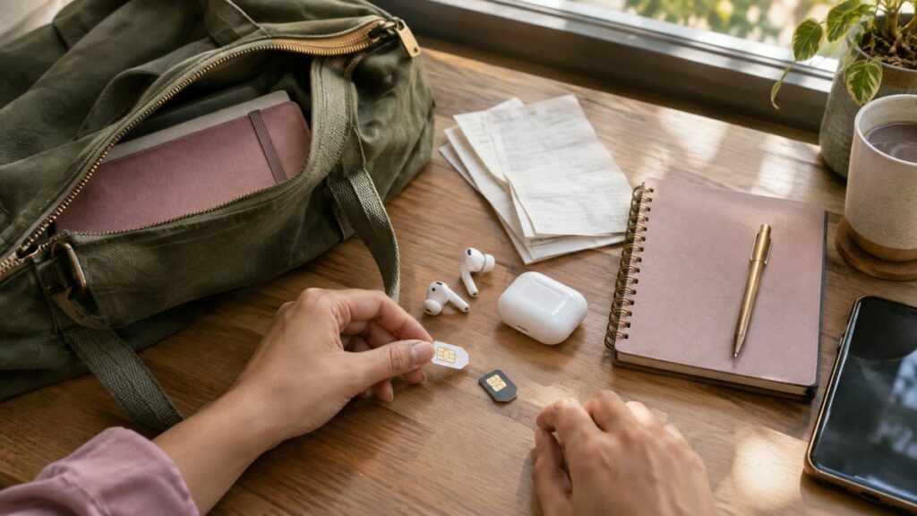 A neatly arranged workbag on a wooden desk with a notebook, receipt stubs, earbuds, and two different SIM cards beside a partially visible phone, lit by soft morning window light. The still life feels purposeful and adaptable, with muted rose, olive, and gold accents echoing a freelancer’s flexible but focused routine.