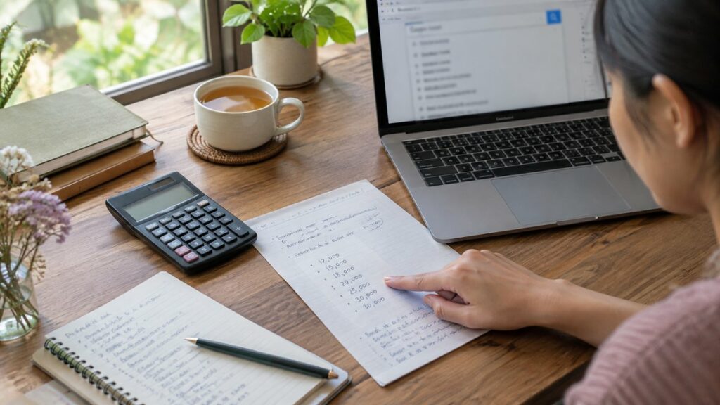 An overhead scene of a freelancer’s desk with scattered handwritten budget notes, a calculator, a cup of tea, and a laptop displaying a blurred search interface while a hand points at a shortlist of number options on paper. Natural daylight falls evenly across the workspace, creating a calm, methodical mood.
