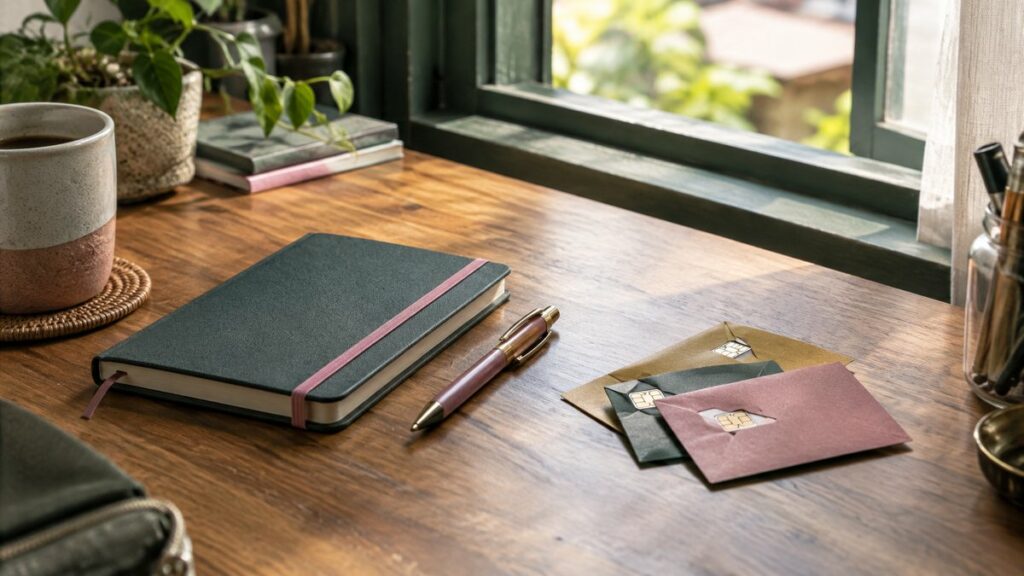 A close still life of a neatly arranged notebook, a pen, and several SIM-card envelopes on a wooden desk beside a half-open window. Soft morning light falls across the scene, with muted pink and deep green accents in the stationery. The mood is thoughtful and grounded, suggesting self-improvement rather than magic.