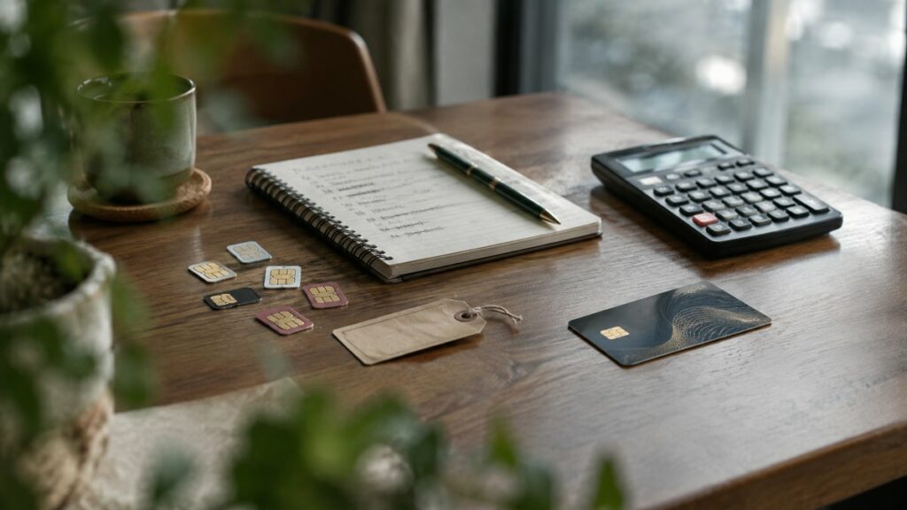 An object-led still life on a tidy table: several SIM cards, a price tag, a calculator, and a notebook with crossed-out choices sit under cool window light. One premium-looking phone number card rests slightly apart, emphasizing the tension between visual appeal, practicality, and budget in a calm professional mood.
