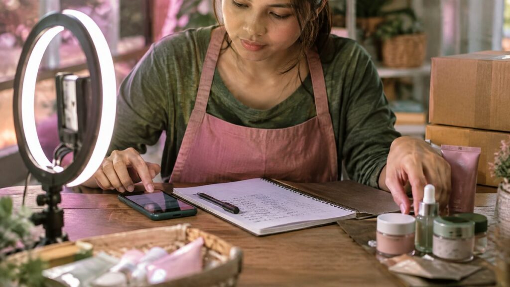 A close hand action scene at a small live-selling desk: a ring light glows beside a notebook filled with contact numbers, while one hand quickly taps a simple mobile phone and the other arranges product samples. Warm pink and muted olive reflections soften the workspace, suggesting repeat customers and smoother follow-up.