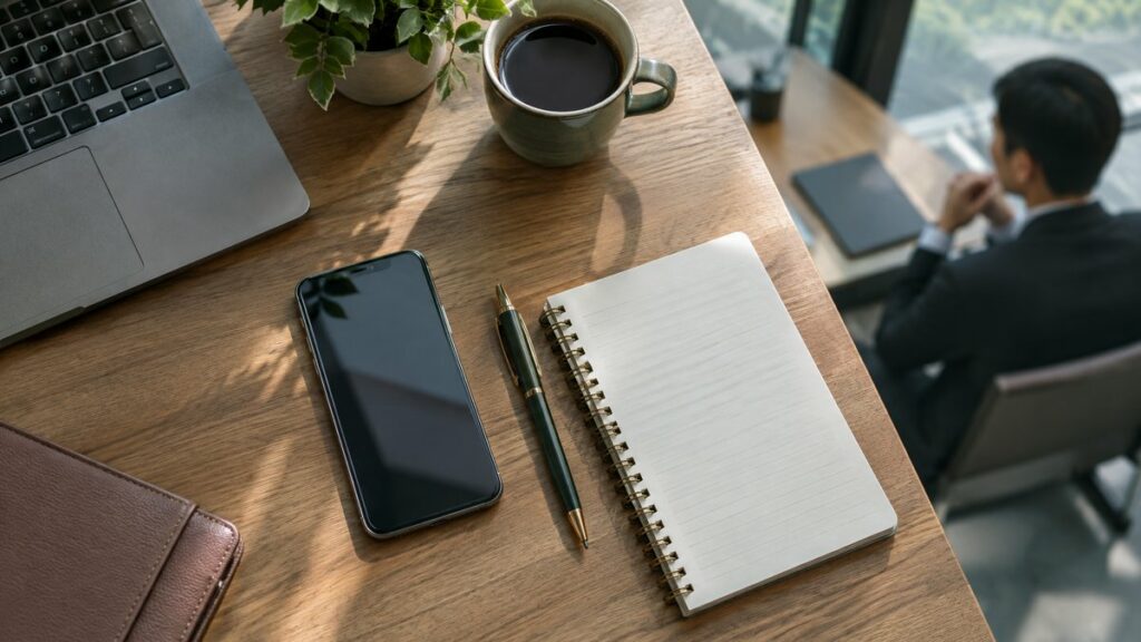 A professional editorial photo of a neatly arranged desk with a single smartphone beside a pen and notepad, lit by soft morning window light. A tense but composed business environment appears in the blurred background, suggesting preparation, focus, and quiet confidence before an important call.