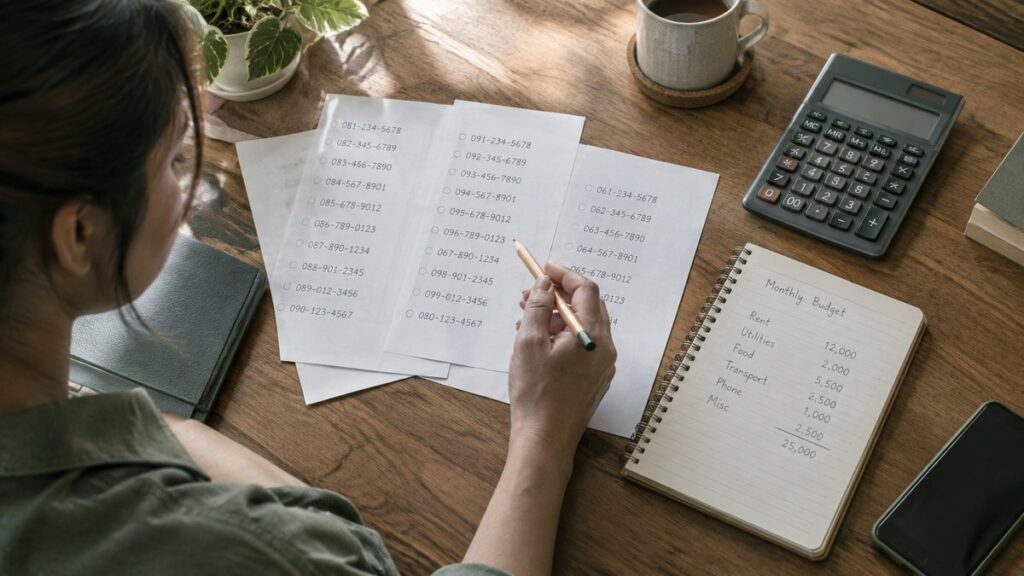 An overhead view of a small workspace with printed phone number options, a calculator, notebook, and sample budget notes spread across a wooden table. A hand hovers over the papers with a pencil, as if weighing choices carefully. Natural daylight creates a practical, focused mood with subdued earthy color grading.