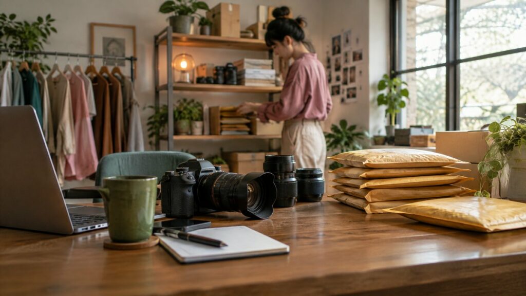 A wide, professional environment shot of a small home studio where a desk, camera gear, and packed delivery envelopes sit in balanced order near a bright window. One person moves between tools in the background, suggesting multiple income streams, while the room’s subdued pink, green, and warm gold tones feel steady and confident.