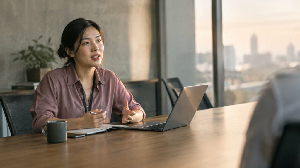 A wide, calm office scene with a single person seated at a conference table, speaking to an unseen colleague across the room. The composition leaves generous negative space, with soft late-afternoon light and subtle earthy tones, conveying practical confidence and everyday work effectiveness.