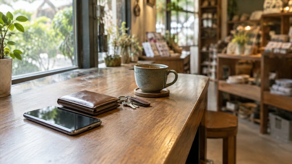 A quiet retail counter near a window, where a single smartphone rests beside a leather wallet, keys, and a cup of tea, framed by a soft blur of the shop interior. The composition leaves generous negative space around the primary objects, evoking confidence, clarity, and a thoughtful decision in gentle natural light.