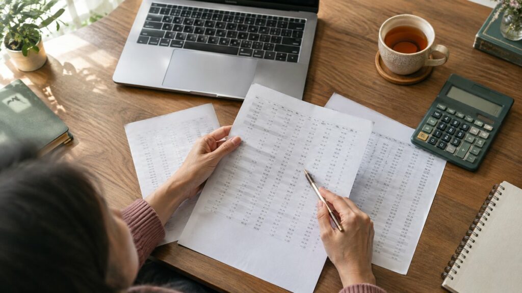 An overhead process scene shows a desk covered with a laptop, printed number lists, a calculator, and a cup of tea as hands compare options on paper. The composition is orderly and practical, lit by natural daylight from one side. Subtle gold and sage tones create a calm, professional sense of system and choice.